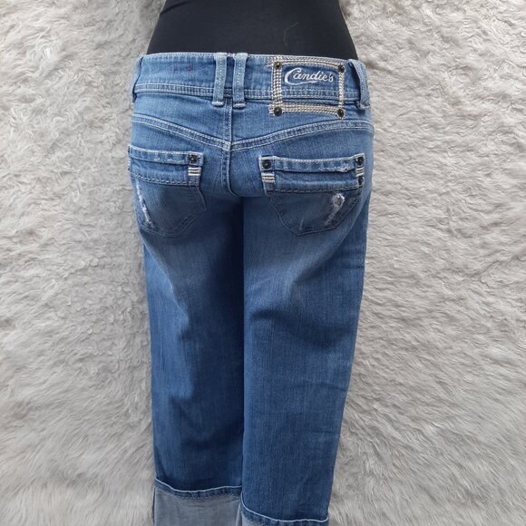 Candie's Women's Blue Low Rise Distressed Cuffed Denim Jeans Size 1 - Picture 2 of 8